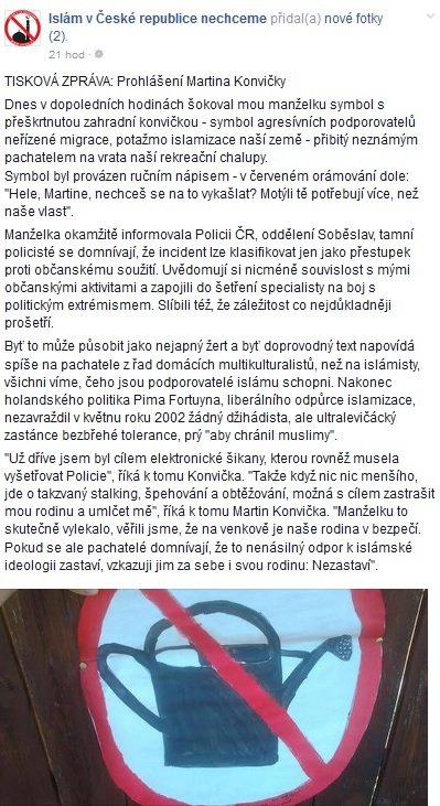 Vyjádření Martina Konvičky k přeškrtnuté konvičce na Facebooku Islám v ČR nechceme