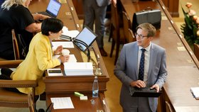 Ministr dopravy Martin Kupka (ODS) s Markétou Pekarovou Adamovou (TOP 09) ve Sněmovně