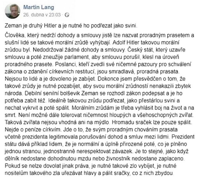 Facebookový vzkaz Martina Langa z ODS