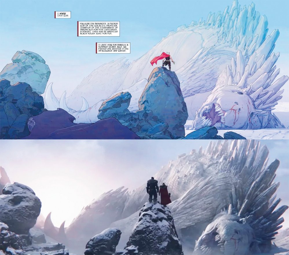 Některé záběry z filmu Thor: Láska jako hrom citují panely z komiksu