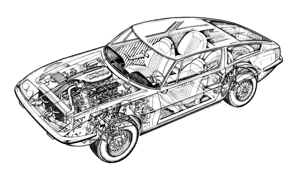 Maserati Indy mělo samonosnou karoserii a podvozkové díly vycházející z modelu Ghibli. Nezávisle zavěšená přední kola měla pérování vinutými pružinami.