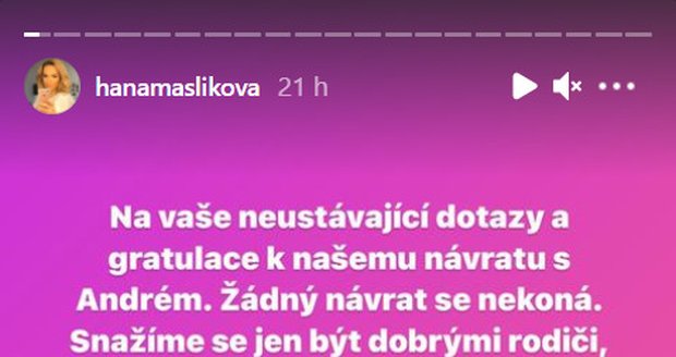 Hana Mašlíková prosí fanoušky, aby jim negratulovali k usmíření. K manželovi se nevrací.