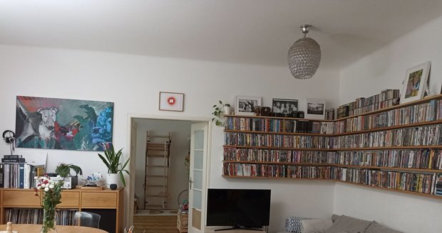 Obývací pokoj a velká sbírka DVD.