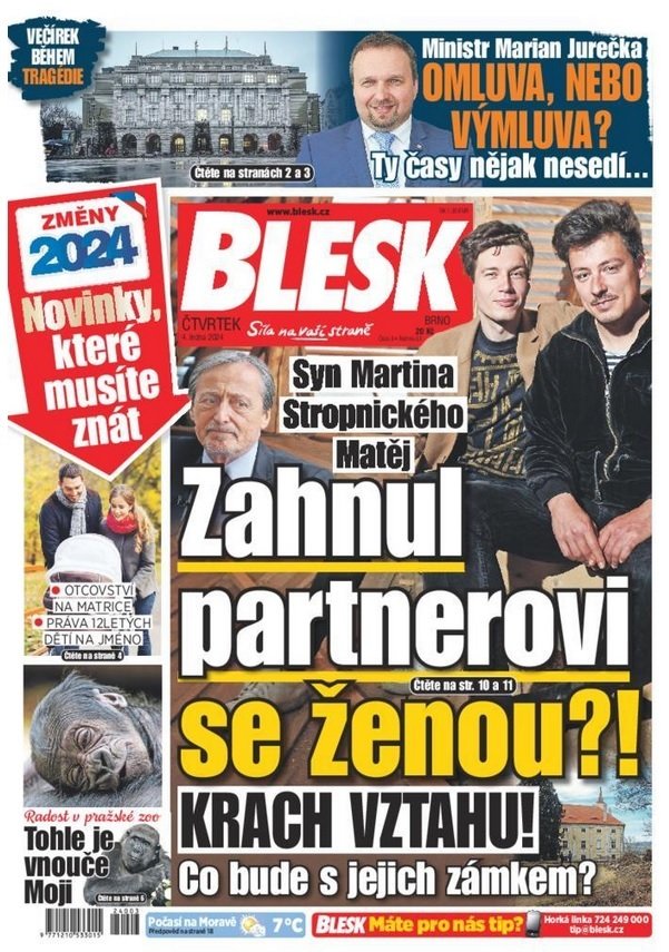 Krach vztahu Stropnického s Krejčíkem na titulní straně deníku Blesk