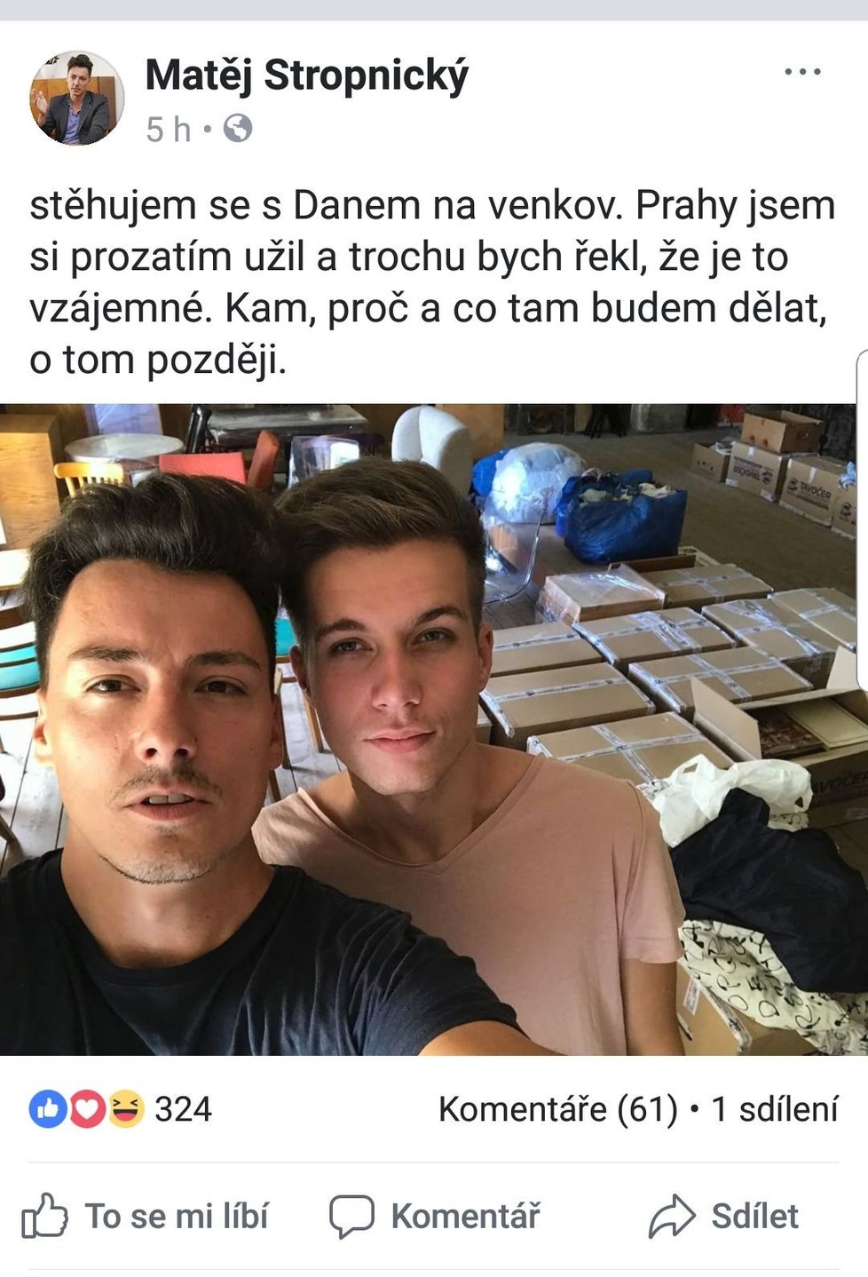 Stropnický oznámil na svém Facebooku stěhování z Prahy