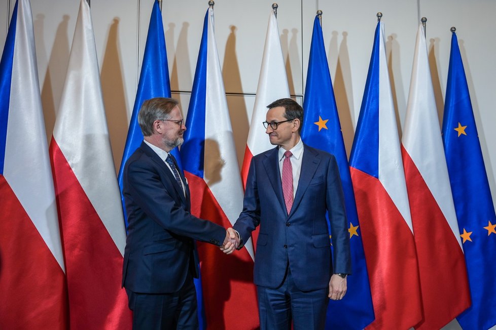 Premiér Petr Fiala (ODS) s polským premiérem Mateuszem Morawieckým ve Varšavě (22.2.2023)