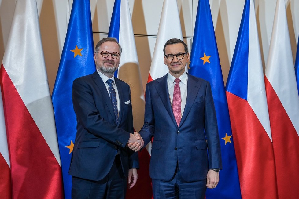 Premiér Petr Fiala (ODS) s polským premiérem Mateuszem Morawieckým ve Varšavě (22.2.2023)