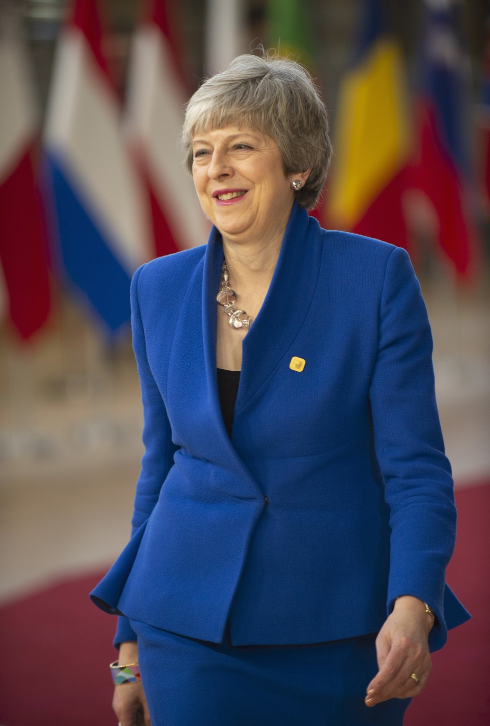 Britská premiérka Theresa Mayová přijela do Bruselu i tentokrát s hlavou vzhůru a úsměvem na rtech. Oblékla se do modré - tedy barvy, která převládá na vlajce EU. Stejnou barvu zvolila i německá kancléřka Angela Merkelová.