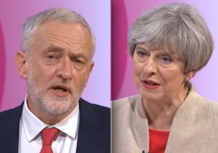 Theresa Mayová a Jeremy Corbyn v televizní volební debatě