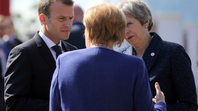 Francouzský prezident Emmanuel Macron, německá kancléřka Angela Merkelová a britská premiérka Theresa Mayová.