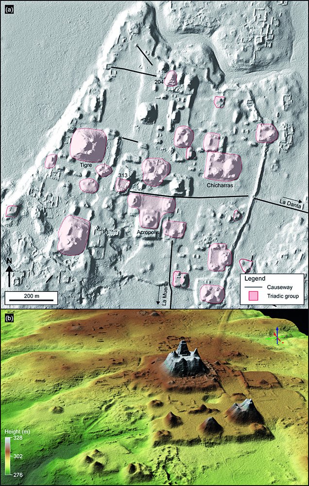 Mapa jednoho z velkých sídlišť a LIDARem odhalené zbytky mayského osídlení