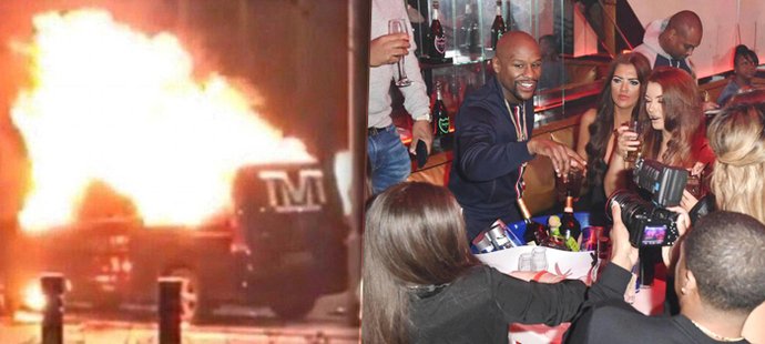 Zatímco Floyd Mayweather kupoval holkám drinky v luxusním podniku, někdo mu zapálil venku auto
