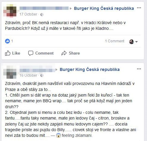 Reakce zákazníků fast foodu ze sociálních sítí