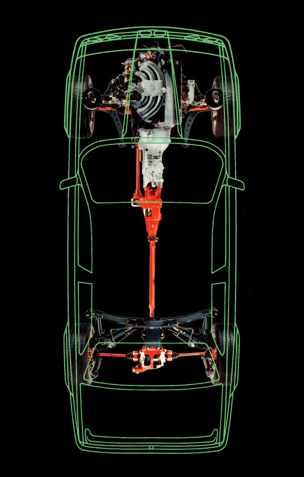 Pohled na šasi BMW 323iX řady E30, Všimněte si důsledně odlehčených ramen přední nápravy tvaru bumerangu.