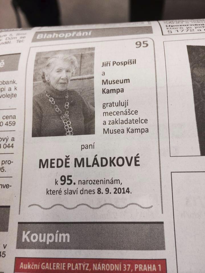 Když Meda Mládková slavila 95. narozeniny, v novinách a nepochybně i osobně jí popřál i Jiří Pospíšil.