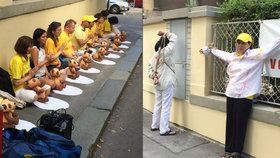 Před budovou čínské ambasády v Praze protestovali vyznavači meditace Falun Gong.