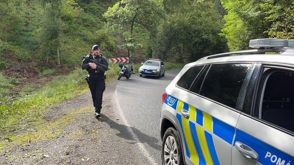 Policisté hledají v Břežanském údolí uprchlého medvěda. (23. srpna 2021)