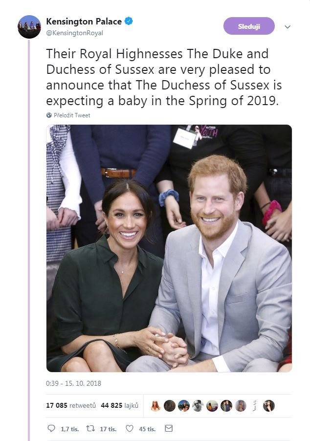 Takto Kensingtonský palác oznámil radostnou novinu: „Jejich královské výsosti vévoda a vévodkyně ze Sussexu s radostí oznamují, že vévodkyně ze Sussexu očekává na jaře 2019 dítě.“