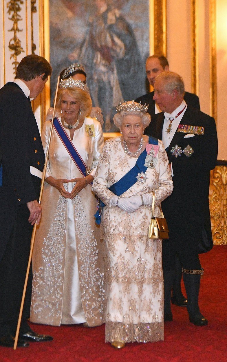 Královna Alžběta II. s vévodkyní Camillou na diplomatické recepci v Buckinghamském paláci.