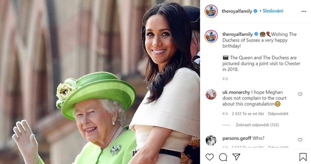 Členové královské rodiny popřáli Meghan k narozeninám.