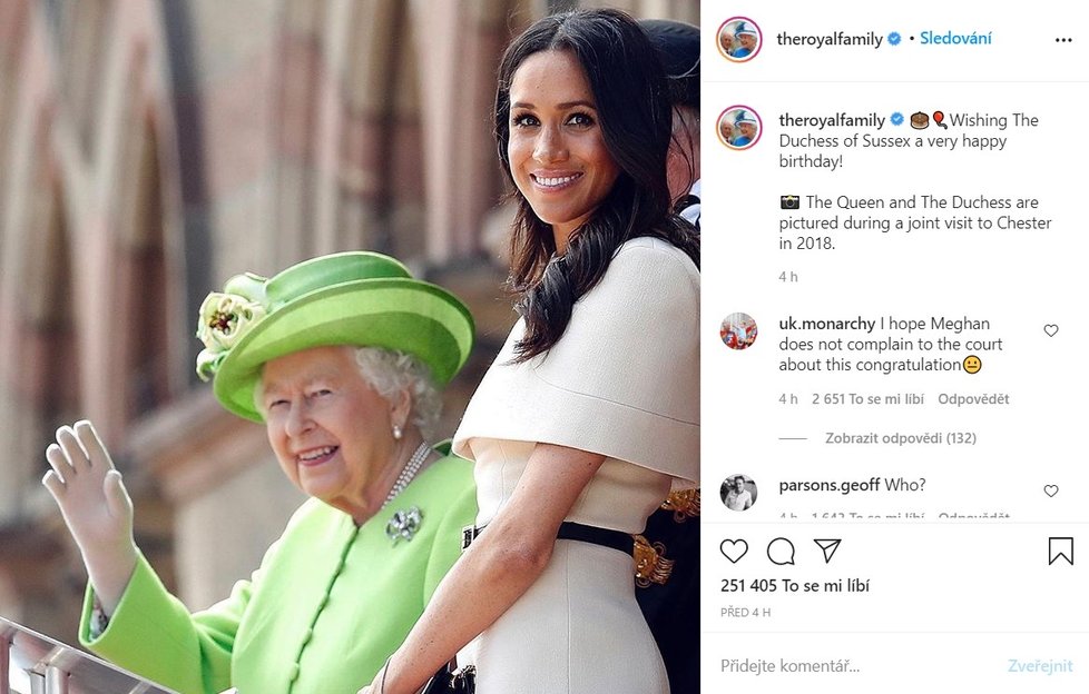 Členové královské rodiny popřáli Meghan k narozeninám.