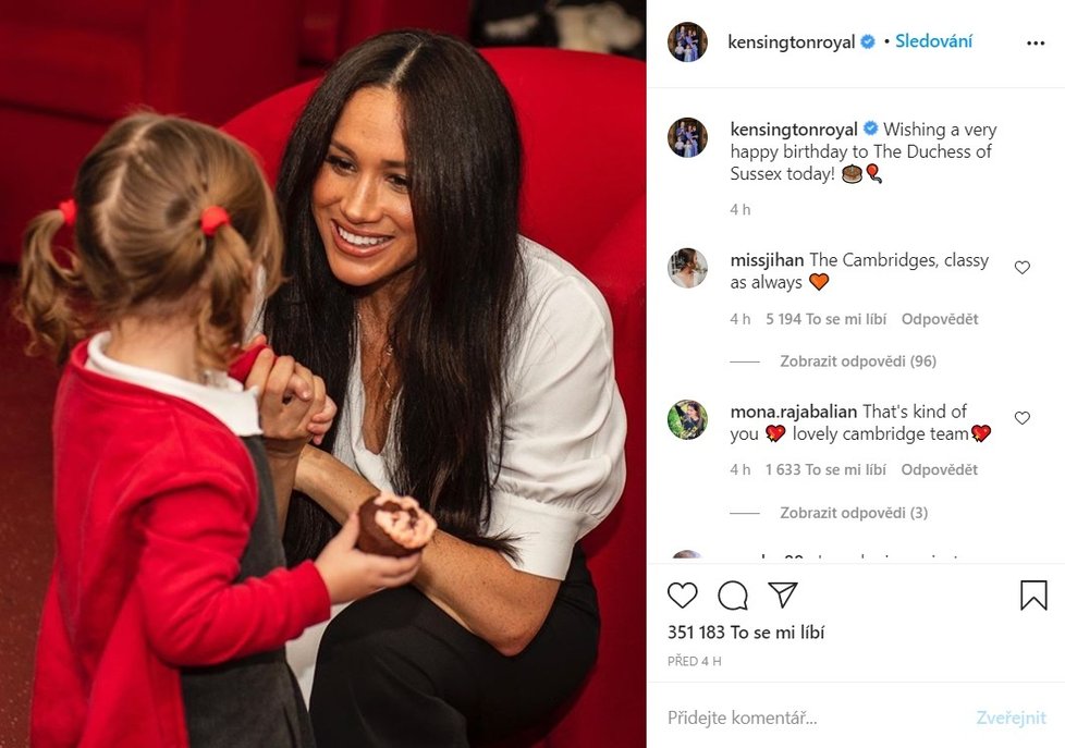 Členové královské rodiny popřáli Meghan k narozeninán