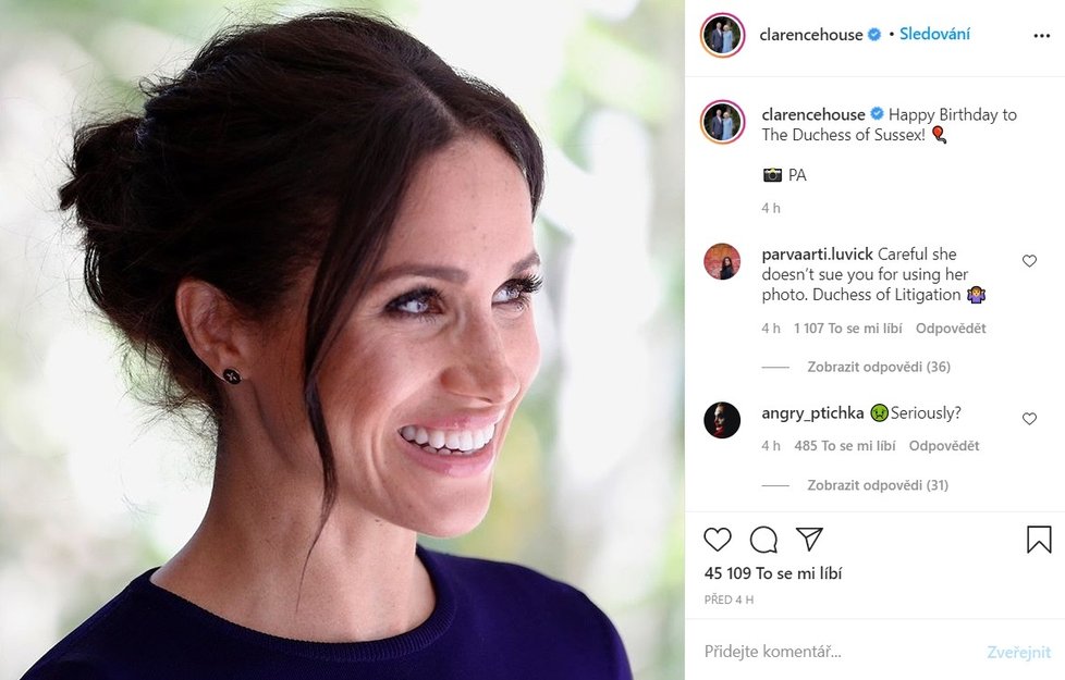 Členové královské rodiny popřáli Meghan k narozeninán