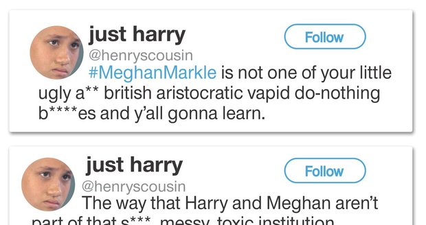 Některé urážlivé tweety o královské rodině, jejichž autorům Meghan a Harry poděkovali