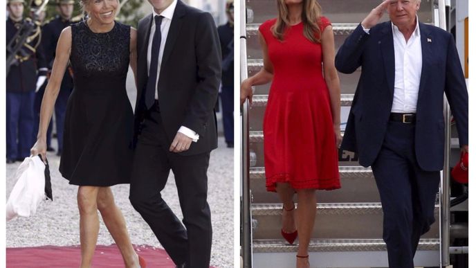 Prezident Francie Macron se svojí ženou Briggite a prezident USA Trump se svojí ženou Melanií.
