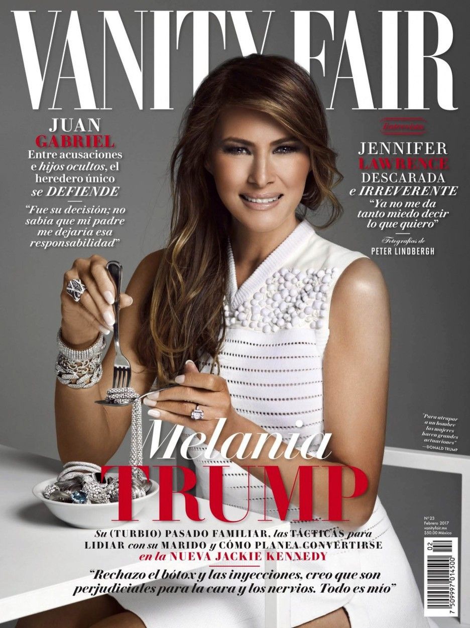 Kontroverzní fotografie Melanie Trump, která vyšla na titulní straně Vanity Fair v Mexiku den poté, co Donald Trump nařídil výstavbu zdi na hranicích s Mexikem.