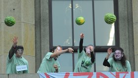 Studenti vyhazují z oken právnické fakulty melouny, ty mají symbolizovat 90 milionů, které byly podle nich neefektivně investovány do vysokoškolské reformy