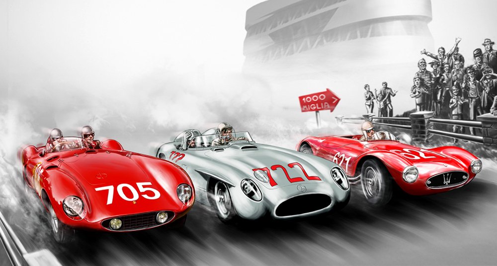 Na výstavě „Mille Miglia – vášeň a rivalita“ v muzeu Mercedesu byl k vidění obraz se třemi vozy na startu s jezdci Giardinim, Mossem a Magliolim.