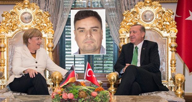 Německá kancléřka Merkelová, turecký prezident Erdogan a komentátor Holec