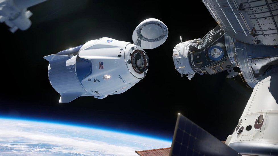 Ilustrace spojení Crew Dragon a ISS