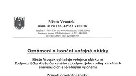 Sbírka pro Aleše, kterou vyhlásilo město Vroutek