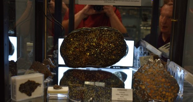 Světlo prosvítá nejkrásnějším typem meteoritů muzea. Jde o řez pallasitu z Keni