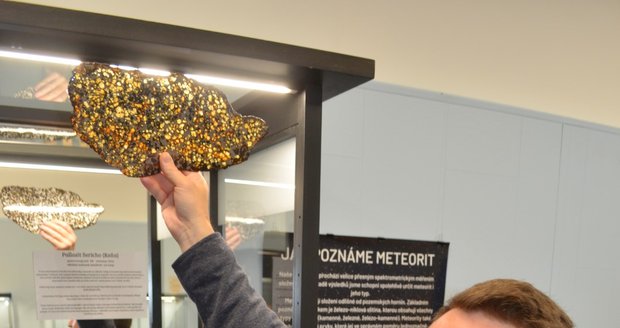 Řez nejkrásnějším meteoritem sbírky, Pallasit Keňa. Jeho cena dosahuje desítek tisíc korun.
