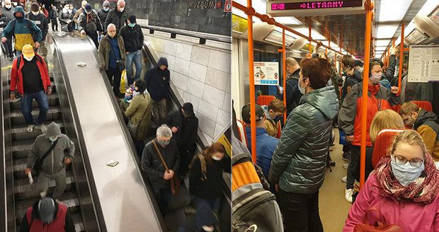 VIDEO: Takhle se dodržují opatření?! Lidé se mačkali v metru, v ranní špičce jezdilo po 10 minutách