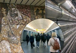V metru na Karlově náměstí najdete mozaiku vyobrazující dobu Karla IV. i skleněné válečky, které měly stanici „zlehčit“.