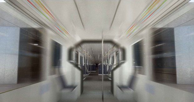 Vizualizace interiéru jedoucí soupravy metra na trase D