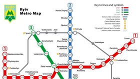 Mapa kyjevské metra. Uzavřeny jsou stanice Dnipro, Gidropark, Livobrežna a Geroiv Dnipra