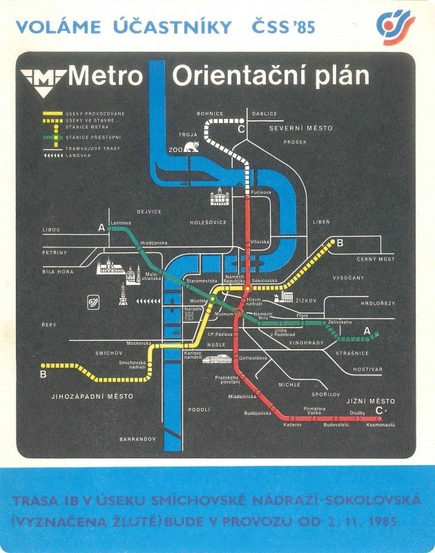 Orientační plán metra z roku 1985 s vyznačeným novým úsekem metra I.B