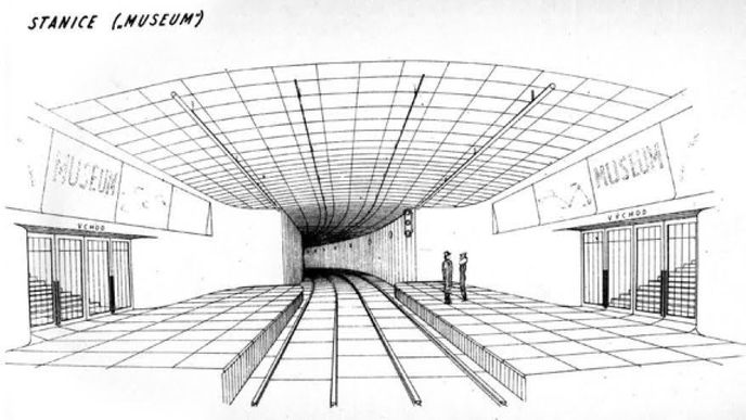 Jediná dochovaná vizualizace interiéru stanice podpovrchové tramvaje z projektu Dráhy D z roku 1939 s hrubou představou nástupiště stanice Muzeum. Zajímavostí kresby je zobrazený vlakový semafor a mříže uzamykající přístupy na nástupiště přímo na jejich úrovni. Funkčnost zařízení demonstrují dvě uvězněné stafážové postavy na pravém nástupišti.