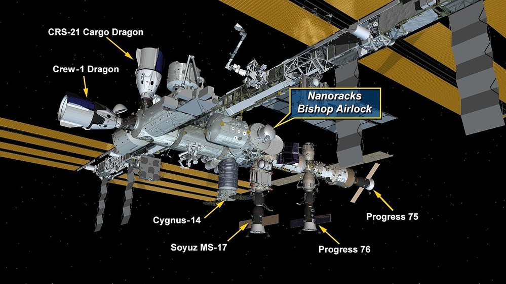 Pozice přechodové komory Bishop Airlock na ISS. Progress a Cygnus jsou zásobovací lodě