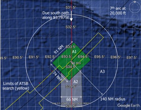Místa, kde podle vědců nachází trosky letu MH370. A1 - místo s největší pravděpodobností dopadu; A2 - místo z druhou největší pravděpodobností dopadu; A3 - místo s nejmenší pravděpodobností dopadu. Žlutě vyznačený úsek - plocha, kterou prohledali při oficiálním vyšetřování.