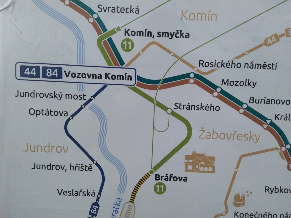 Schéma nejkratší pravidelné tramvajové linky v ČR. Je jí linka 11 mezi Vozovnou Komín a Bráfovou.