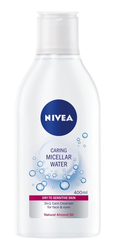 Jemná micelární voda pro suchou a citlivou pleť, Nivea, 200 Kč (400 ml).