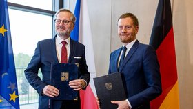 Premiér Petr Fiala (ODS) a saský premiér Michael Kretschmer (16.5.2023)