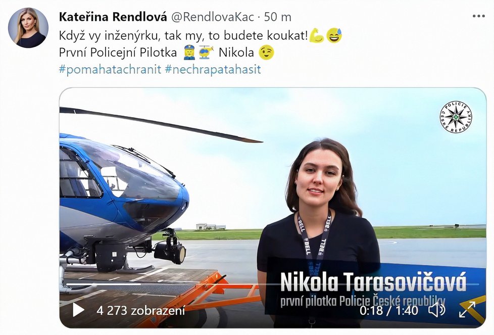 Ani policisté se nenechali zahanbit. S textem „Když vy inženýrku, tak my, to budete koukat!“ zveřejnila na Twitteru video s Nikolou Tarasovičovou, první policejní pilotkou, jejich mluvčí Kateřina Rendlová.
