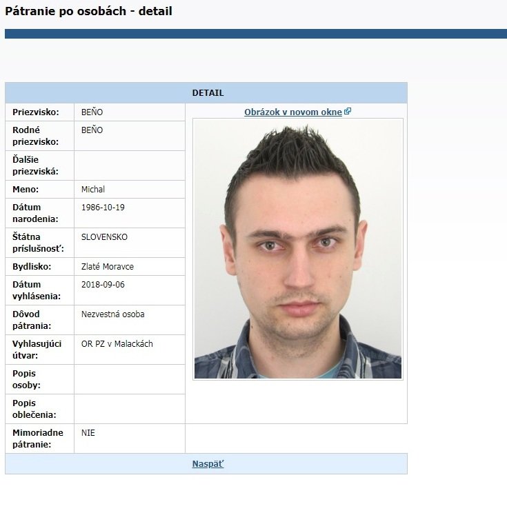 Michal Beňo (31) se může nacházet na území Česka.